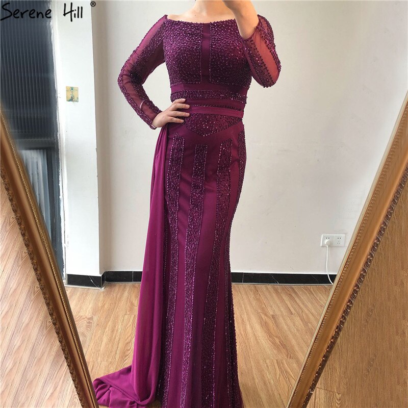 Long Sleeve Black Mermaid Tulle Evening Dresses Beading Sequined Formal Dress Real Photo 2025 Serene Hill LA6009 - SERENE HILL