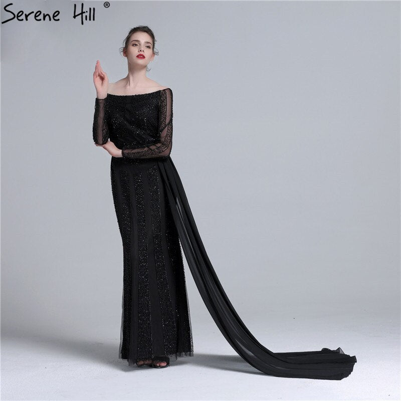 Long Sleeve Black Mermaid Tulle Evening Dresses Beading Sequined Formal Dress Real Photo 2025 Serene Hill LA6009 - SERENE HILL