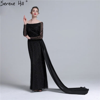 Long Sleeve Black Mermaid Tulle Evening Dresses Beading Sequined Formal Dress Real Photo 2025 Serene Hill LA6009 - SERENE HILL