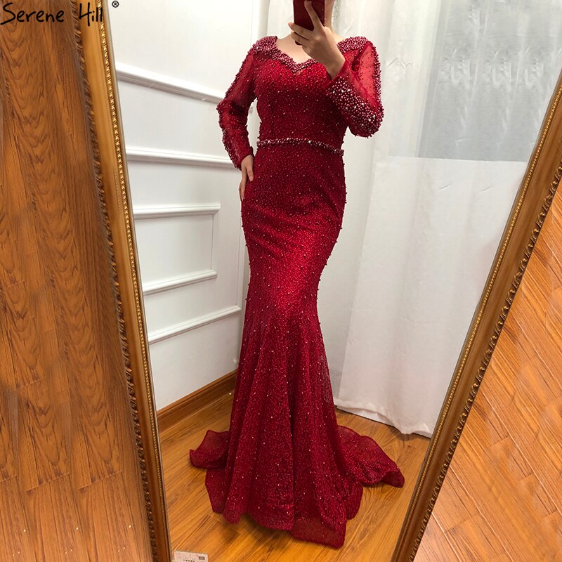 On Sale No Return No Refund Long Sleeve Wine Red Pearls Mermaid Evening Dresses 2025 Fashion Luxury Evening Gown Real Photo Dubai LA6428 - SERENE HILL