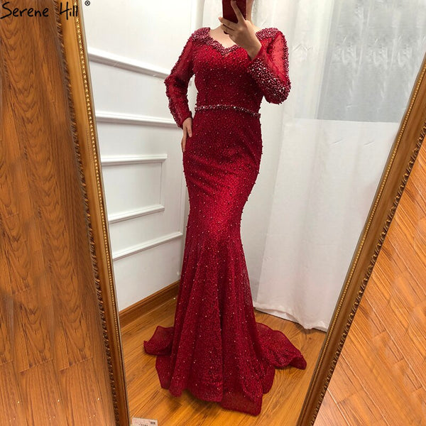 On Sale No Return No Refund Long Sleeve Wine Red Pearls Mermaid Evening Dresses 2025 Fashion Luxury Evening Gown Real Photo Dubai LA6428