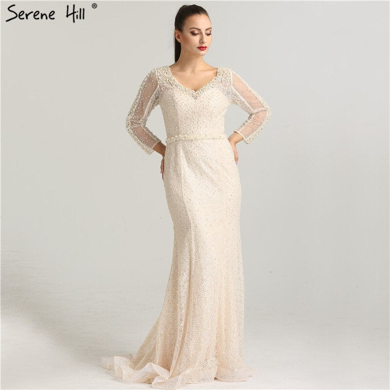 On Sale No Return No Refund Long Sleeve Wine Red Pearls Mermaid Evening Dresses 2025 Fashion Luxury Evening Gown Real Photo Dubai LA6428 - SERENE HILL