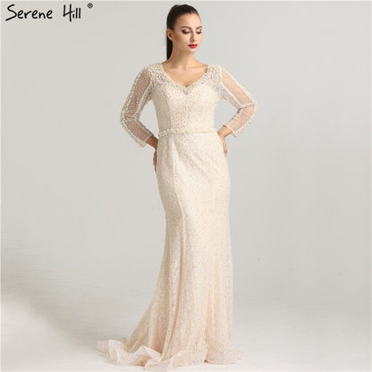 On Sale No Return No Refund Long Sleeve Wine Red Pearls Mermaid Evening Dresses 2025 Fashion Luxury Evening Gown Real Photo Dubai LA6428 - SERENE HILL