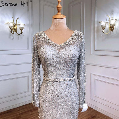 On Sale No Return No Refund Long Sleeve Wine Red Pearls Mermaid Evening Dresses 2025 Fashion Luxury Evening Gown Real Photo Dubai LA6428 - SERENE HILL