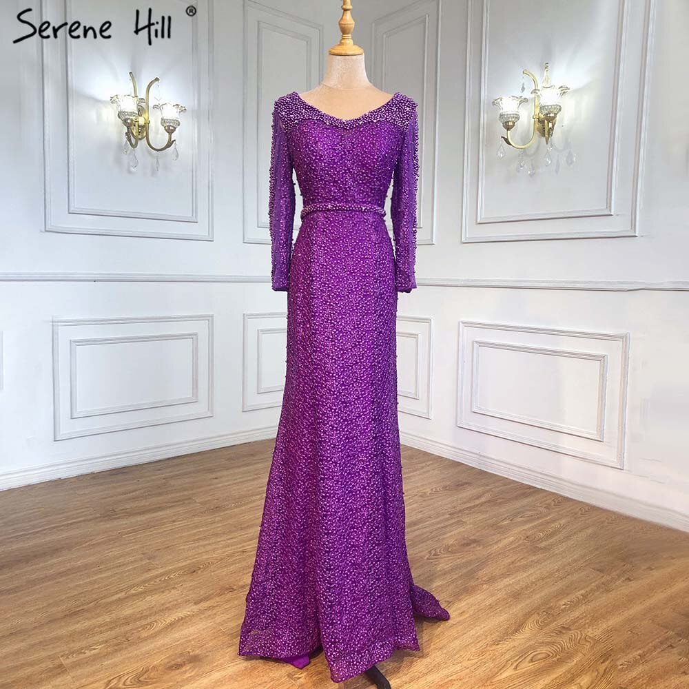 On Sale No Return No Refund Long Sleeve Wine Red Pearls Mermaid Evening Dresses 2025 Fashion Luxury Evening Gown Real Photo Dubai LA6428 - SERENE HILL