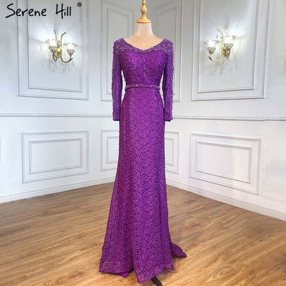 On Sale No Return No Refund Long Sleeve Wine Red Pearls Mermaid Evening Dresses 2025 Fashion Luxury Evening Gown Real Photo Dubai LA6428 - SERENE HILL