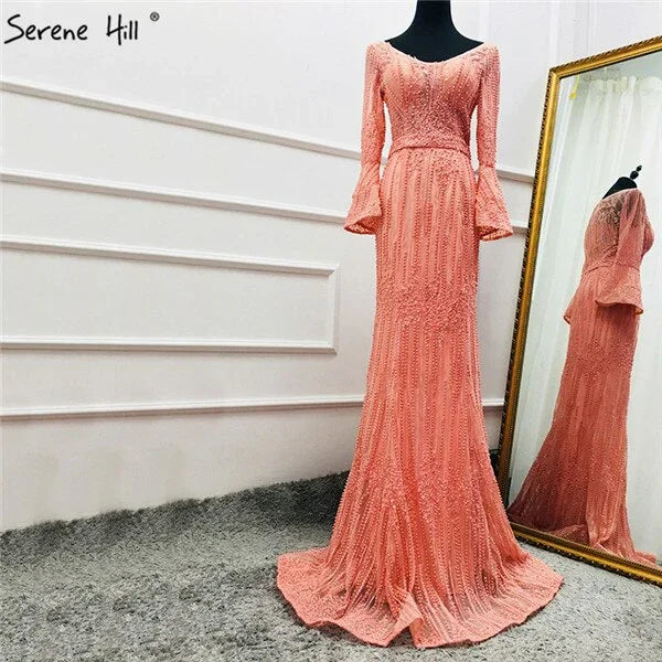 On Sale no return no refundSale Long Sleeves Fashion Luxury Evening Dresses V-Neck Mermaid Pearls Crystal Sexy Evening Gowns Luxury Dubai LA6489 - SERENE HILL