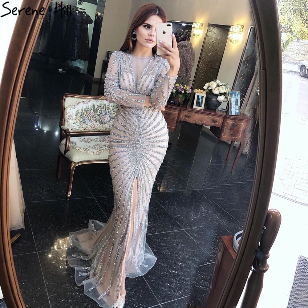 Luxury Black Beading V-Neck Mermaid 2025 Long Split Evening Gowns Party Wear Dresses For Women Real Photo LA70183 - SERENE HILL