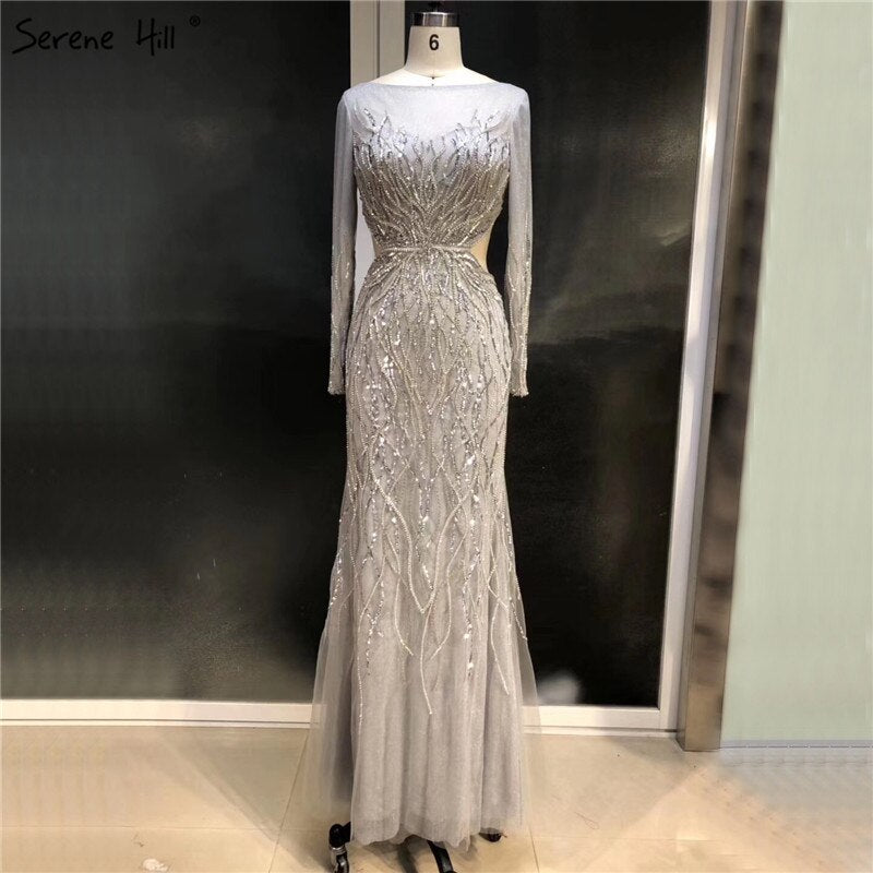 On Sale no return no refundSale Luxury Grey Long Sleeves Evening Dresses 2025 O-Neck Sequins Sparkle Mermaid Formal Dress Serene Hill LA6418 - SERENE HILL
