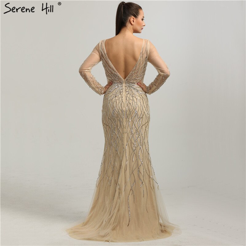 On Sale no return no refundSale Luxury Grey Long Sleeves Evening Dresses 2025 O-Neck Sequins Sparkle Mermaid Formal Dress Serene Hill LA6418 - SERENE HILL