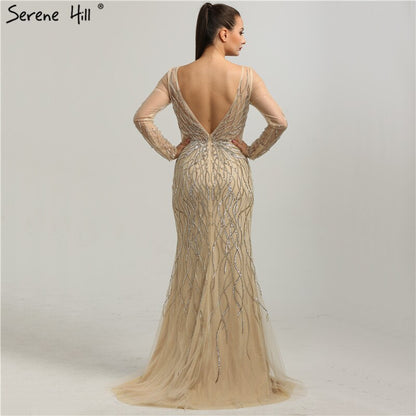 On Sale no return no refundSale Luxury Grey Long Sleeves Evening Dresses 2025 O-Neck Sequins Sparkle Mermaid Formal Dress Serene Hill LA6418 - SERENE HILL