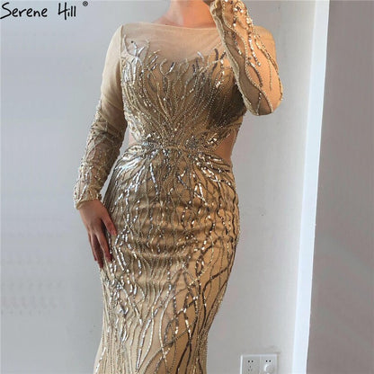 On Sale no return no refundSale Luxury Grey Long Sleeves Evening Dresses 2025 O-Neck Sequins Sparkle Mermaid Formal Dress Serene Hill LA6418 - SERENE HILL