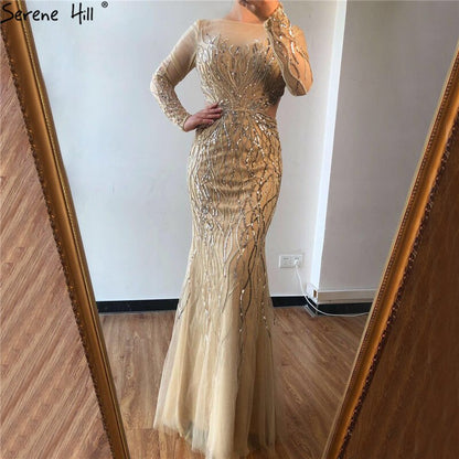On Sale no return no refundSale Luxury Grey Long Sleeves Evening Dresses 2025 O-Neck Sequins Sparkle Mermaid Formal Dress Serene Hill LA6418 - SERENE HILL