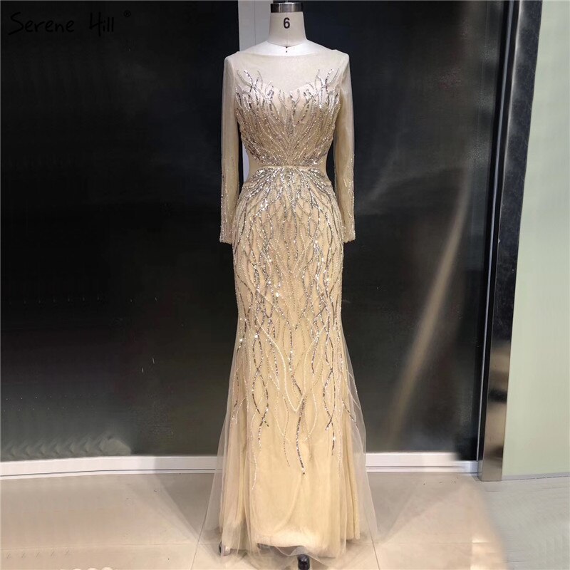 On Sale no return no refundSale Luxury Grey Long Sleeves Evening Dresses 2025 O-Neck Sequins Sparkle Mermaid Formal Dress Serene Hill LA6418 - SERENE HILL