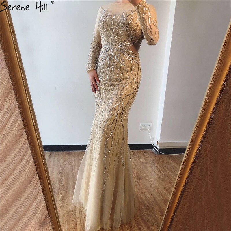 On Sale no return no refundSale Luxury Grey Long Sleeves Evening Dresses 2025 O-Neck Sequins Sparkle Mermaid Formal Dress Serene Hill LA6418 - SERENE HILL