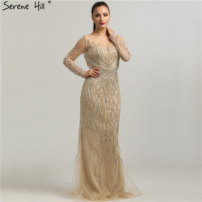 On Sale no return no refundSale Luxury Grey Long Sleeves Evening Dresses 2025 O-Neck Sequins Sparkle Mermaid Formal Dress Serene Hill LA6418 - SERENE HILL