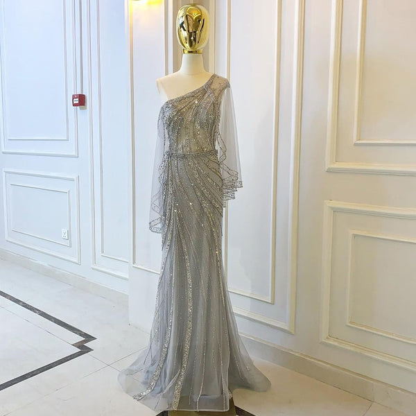 Luxury Grey One Shouder Evening Dresses Gowns 2025 Mermaid Beaded Elegant For Women Party Serene Hill LA71518