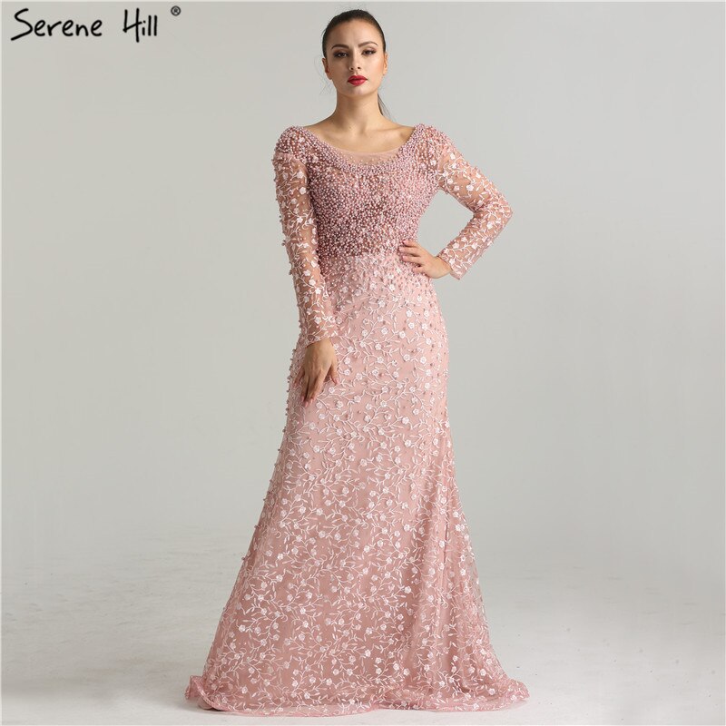 On Sale No Return No Refund Luxury Pink Pearls Lace Evening Dresses 2025 Mermaid Embroidery Long Sleeves Formal Evening Gowns Serene Hill LA6408 - SERENE HILL