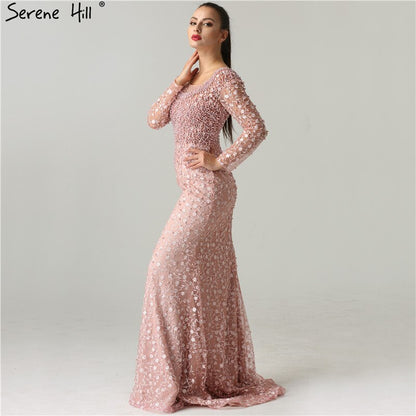 On Sale No Return No Refund Luxury Pink Pearls Lace Evening Dresses 2025 Mermaid Embroidery Long Sleeves Formal Evening Gowns Serene Hill LA6408 - SERENE HILL