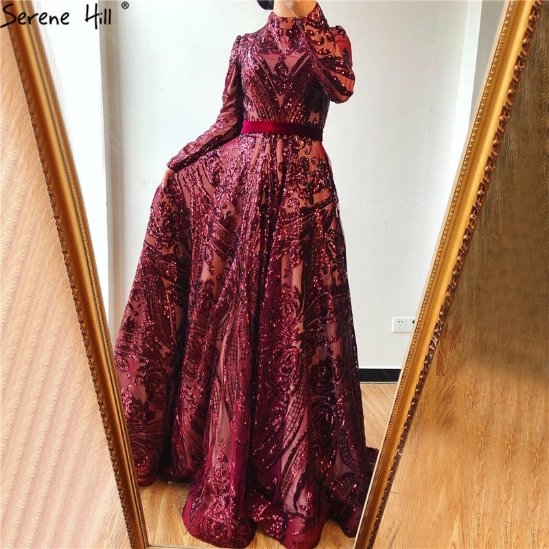 Muslim High Neck Wine Red Sparkle Wedding dress 2025 Long Sleeve Sequined Luxury A-Line Evening Gowns LA70530 - SERENE HILL