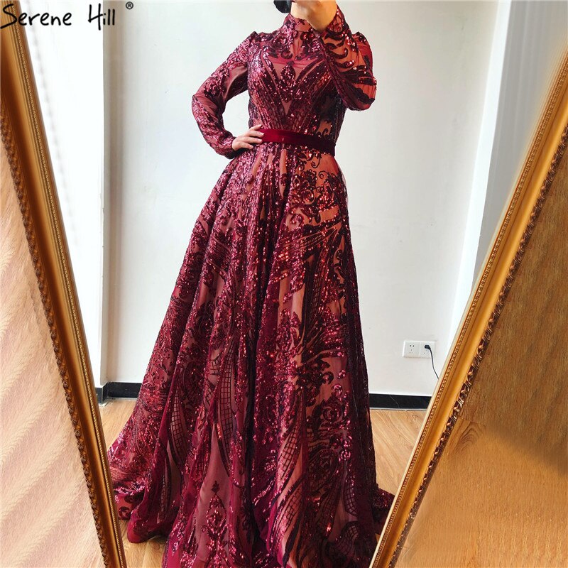 Muslim High Neck Wine Red Sparkle Wedding dress 2025 Long Sleeve Sequined Luxury A-Line Evening Gowns LA70530 - SERENE HILL