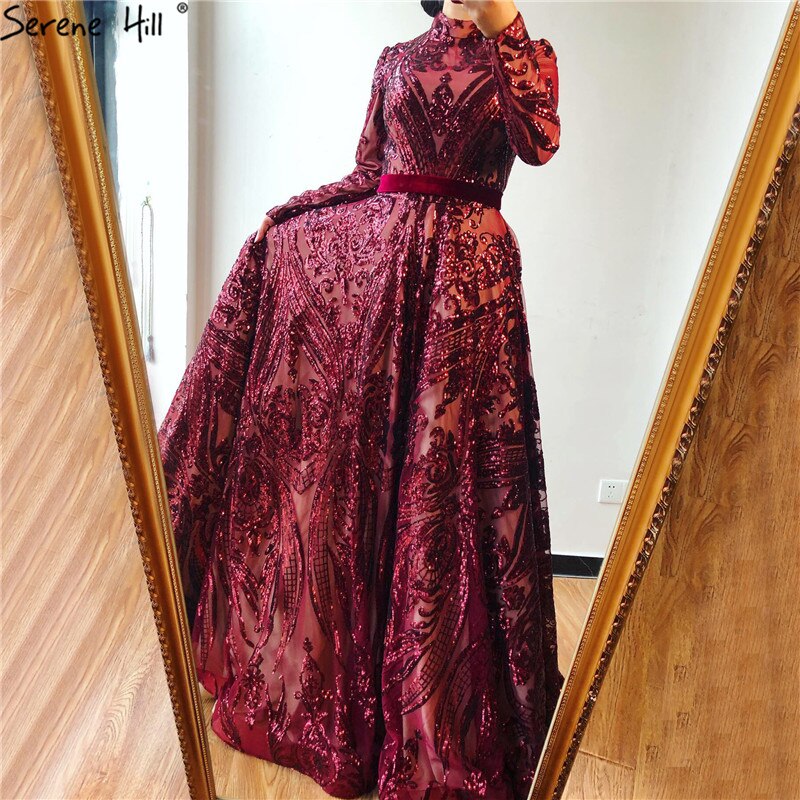 Muslim High Neck Wine Red Sparkle Wedding dress 2025 Long Sleeve Sequined Luxury A-Line Evening Gowns LA70530 - SERENE HILL