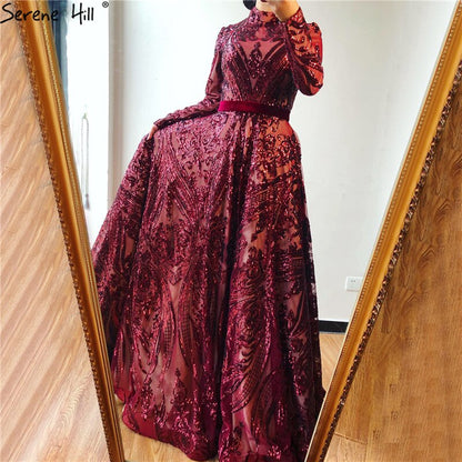 Muslim High Neck Wine Red Sparkle Wedding dress 2025 Long Sleeve Sequined Luxury A-Line Evening Gowns LA70530 - SERENE HILL