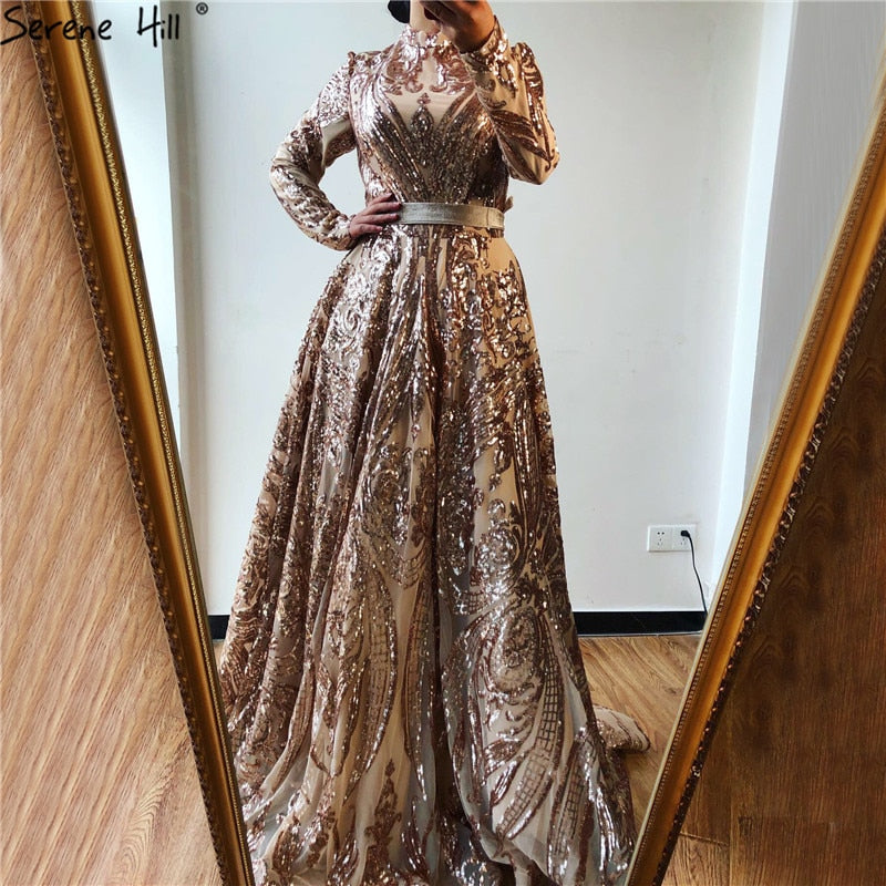 Muslim High Neck Wine Red Sparkle Wedding dress 2025 Long Sleeve Sequined Luxury A-Line Evening Gowns LA70530 - SERENE HILL