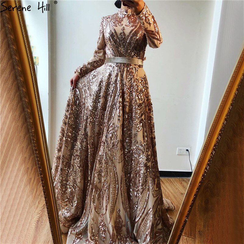 Muslim High Neck Wine Red Sparkle Wedding dress 2025 Long Sleeve Sequined Luxury A-Line Evening Gowns LA70530 - SERENE HILL