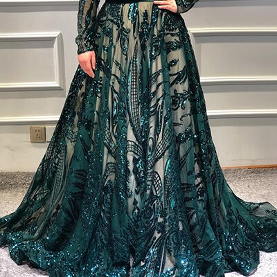 Muslim High Neck Wine Red Sparkle Wedding dress 2025 Long Sleeve Sequined Luxury A-Line Evening Gowns LA70530 - SERENE HILL