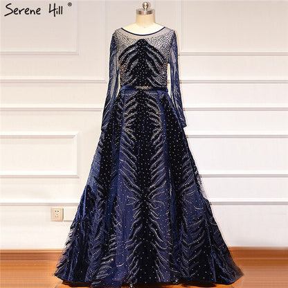 Muslim Luxury Navy Blue Evening Dresses 2025 Long Sleeves Mermaid Dress With Skirt Sexy Formal Dress Serene Hill LA60914 - SERENE HILL