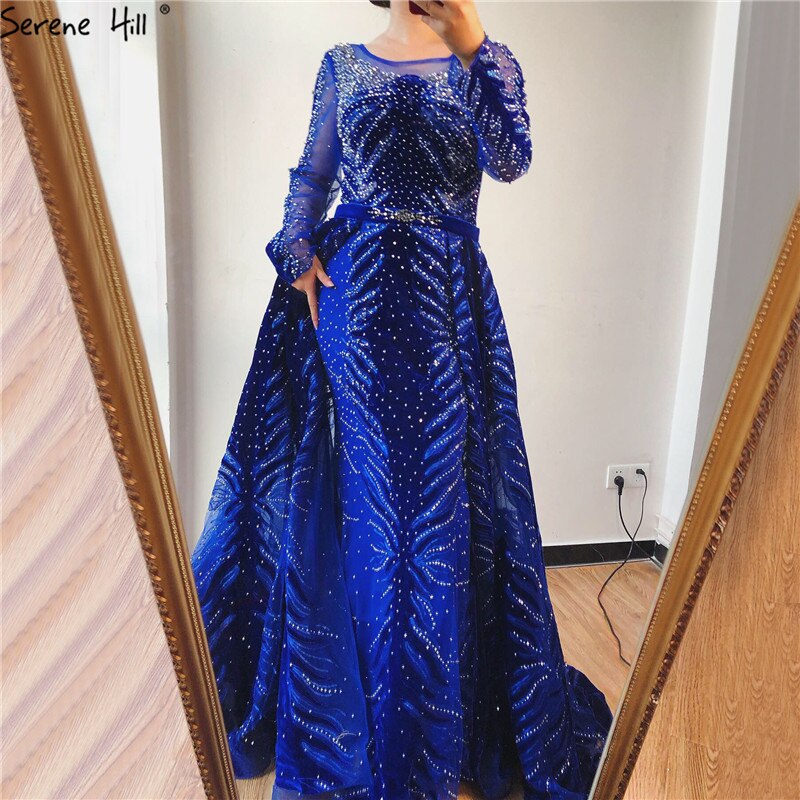 Muslim Luxury Navy Blue Evening Dresses 2025 Long Sleeves Mermaid Dress With Skirt Sexy Formal Dress Serene Hill LA60914 - SERENE HILL