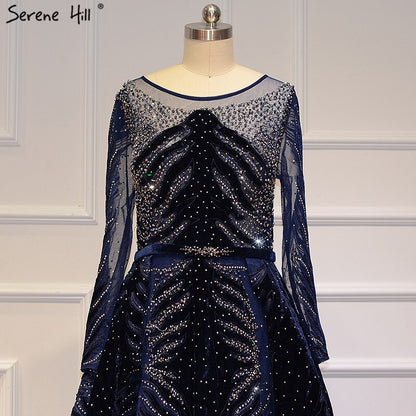 Muslim Luxury Navy Blue Evening Dresses 2025 Long Sleeves Mermaid Dress With Skirt Sexy Formal Dress Serene Hill LA60914 - SERENE HILL