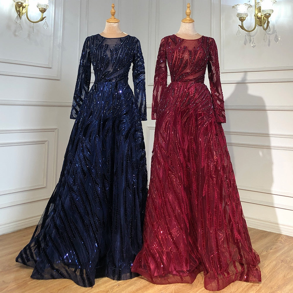 Muslim Navy Blue A-Line Luxury Evening Dresses Gowns 2025 Crystal Long Sleeves For Women Party Serene Hill LA71501 - SERENE HILL