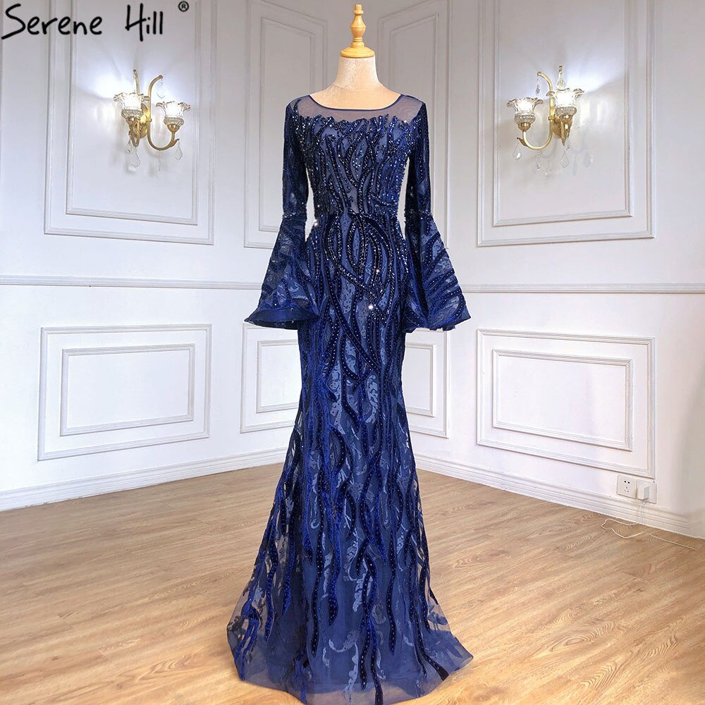 Muslim Navy Blue Mermaid Elegant Evening Dresses Gowns 2025 Flare Sleeve Luxury For Women Party Serene Hill LA71417 - SERENE HILL