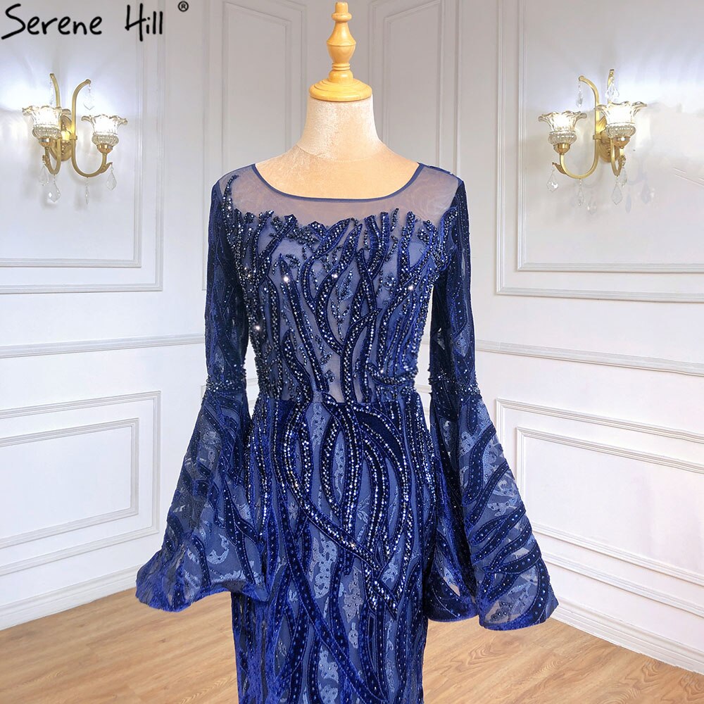 Muslim Navy Blue Mermaid Elegant Evening Dresses Gowns 2025 Flare Sleeve Luxury For Women Party Serene Hill LA71417 - SERENE HILL
