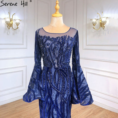 Muslim Navy Blue Mermaid Elegant Evening Dresses Gowns 2025 Flare Sleeve Luxury For Women Party Serene Hill LA71417 - SERENE HILL