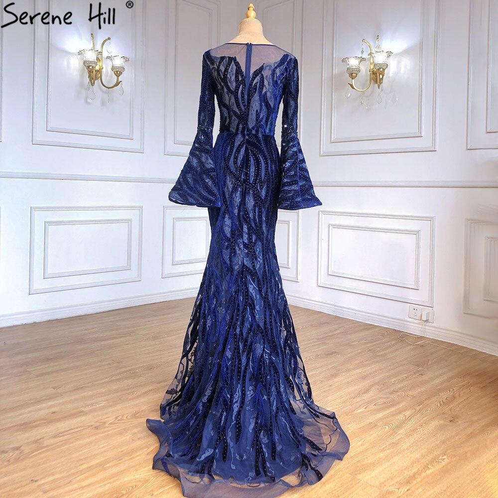 Muslim Navy Blue Mermaid Elegant Evening Dresses Gowns 2025 Flare Sleeve Luxury For Women Party Serene Hill LA71417 - SERENE HILL