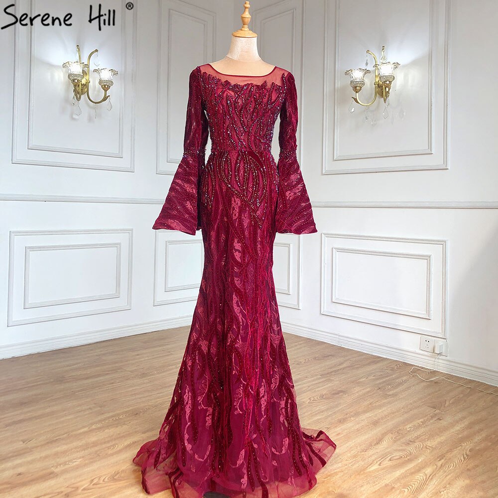 Muslim Navy Blue Mermaid Elegant Evening Dresses Gowns 2025 Flare Sleeve Luxury For Women Party Serene Hill LA71417 - SERENE HILL