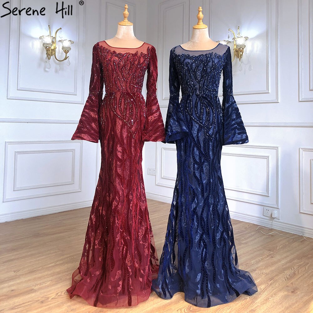Muslim Navy Blue Mermaid Elegant Evening Dresses Gowns 2025 Flare Sleeve Luxury For Women Party Serene Hill LA71417 - SERENE HILL