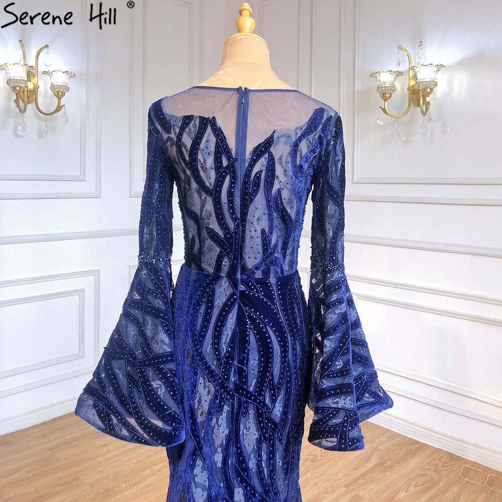 Muslim Navy Blue Mermaid Elegant Evening Dresses Gowns 2025 Flare Sleeve Luxury For Women Party Serene Hill LA71417 - SERENE HILL