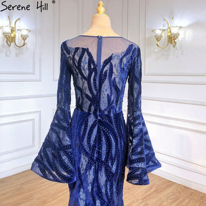 Muslim Navy Blue Mermaid Elegant Evening Dresses Gowns 2025 Flare Sleeve Luxury For Women Party Serene Hill LA71417 - SERENE HILL