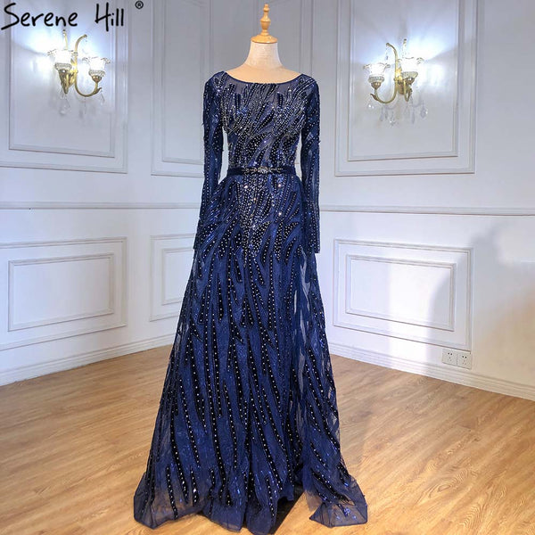 Muslim Navy Blue Overskirt Evening Dresses Gowns 2025 Mermaid Elegant For Women Party Serene Hill LA71382