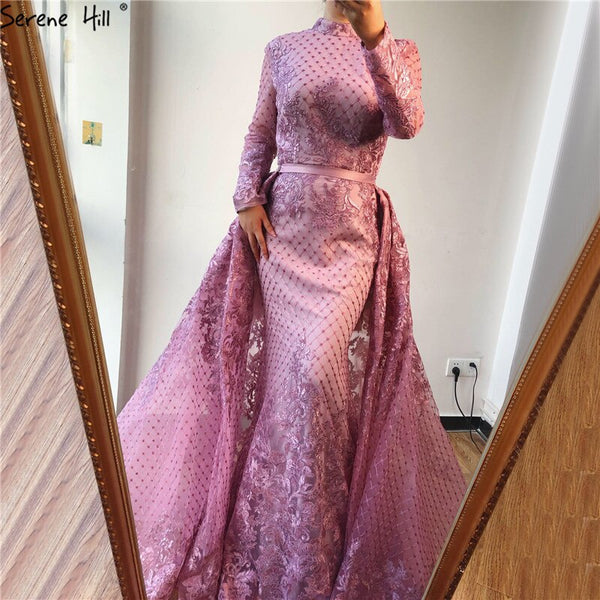 On Sale no return no refundSale Muslim Pink High Collar Evening Dresses 2025 Handmade Flowers Long Sleeves Mermaid Evening Gowns Serene Hill LA6542