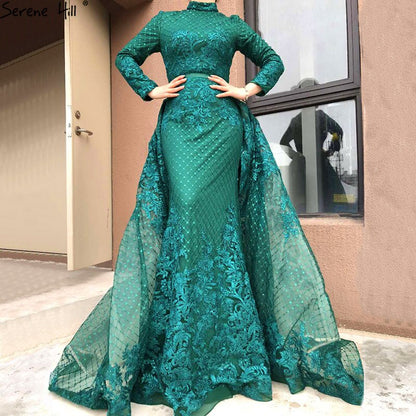 On Sale no return no refundSale Muslim Pink High Collar Evening Dresses 2025 Handmade Flowers Long Sleeves Mermaid Evening Gowns Serene Hill LA6542 - SERENE HILL