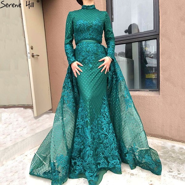 On Sale no return no refundSale Muslim Pink High Collar Evening Dresses 2025 Handmade Flowers Long Sleeves Mermaid Evening Gowns Serene Hill LA6542 - SERENE HILL