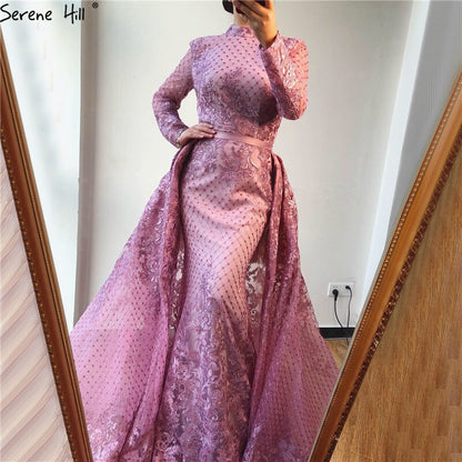 On Sale no return no refundSale Muslim Pink High Collar Evening Dresses 2025 Handmade Flowers Long Sleeves Mermaid Evening Gowns Serene Hill LA6542 - SERENE HILL