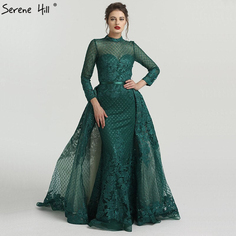 On Sale no return no refundSale Muslim Pink High Collar Evening Dresses 2025 Handmade Flowers Long Sleeves Mermaid Evening Gowns Serene Hill LA6542 - SERENE HILL