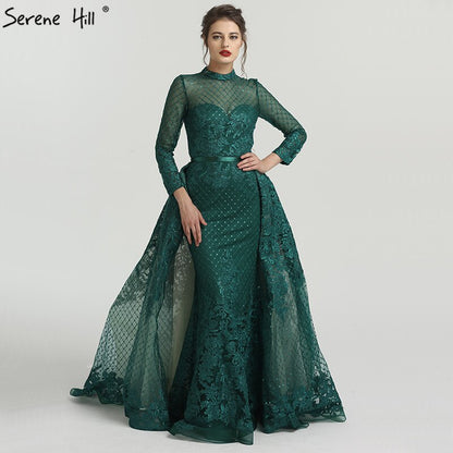 On Sale no return no refundSale Muslim Pink High Collar Evening Dresses 2025 Handmade Flowers Long Sleeves Mermaid Evening Gowns Serene Hill LA6542 - SERENE HILL