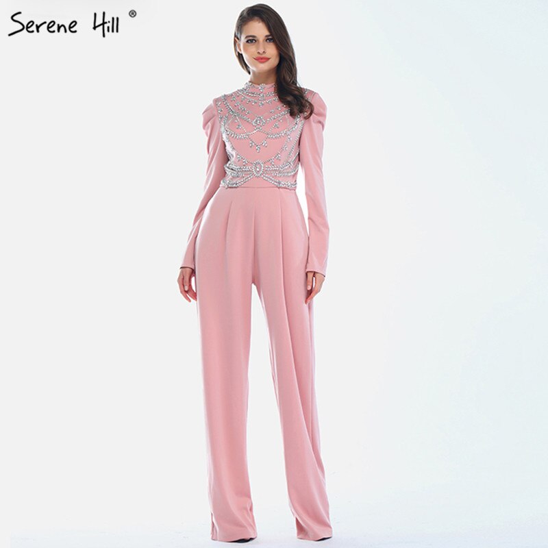 On Sale No Return No Refund Sale Muslim Pink Long Sleeves Evening Dresses High Collar Diamond Jumpsuit Formal Dress Serene Hill LA60910 - SERENE HILL